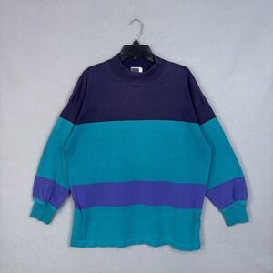 McIntosh & Seymour Pullover Mens L Teal Purple Striped Mock Neck Retro Rugby